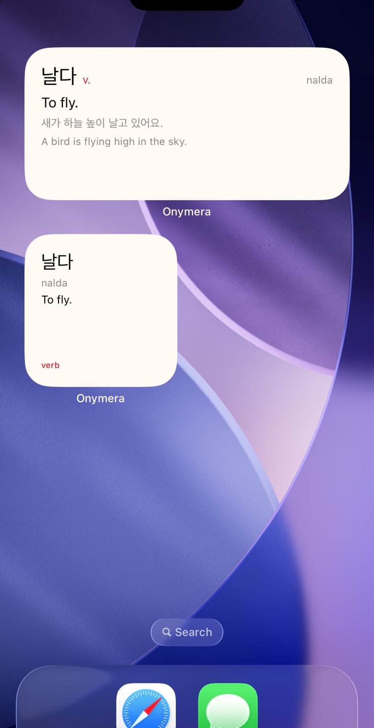 An iPhone home screen with the medium and small Onymera widgets, both showing the Korean word nalda — to fly.