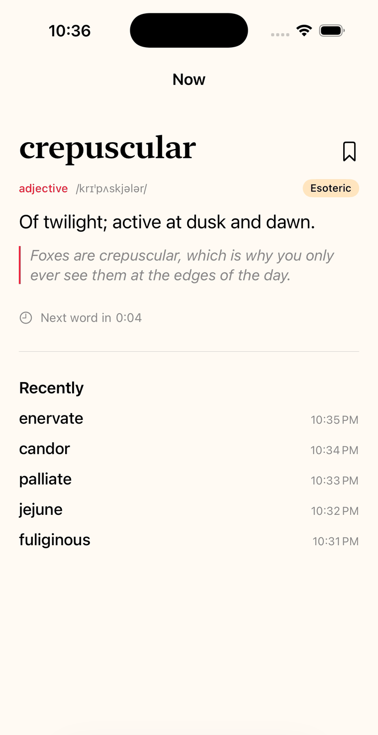 The Onymera app showing the word crepuscular, with its definition and an example sentence.